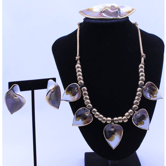 Artisan Crafted Ceramic Cowhide Look Pin, Earrings, Necklace Estate Jewelry Set - Picture 1 of 12